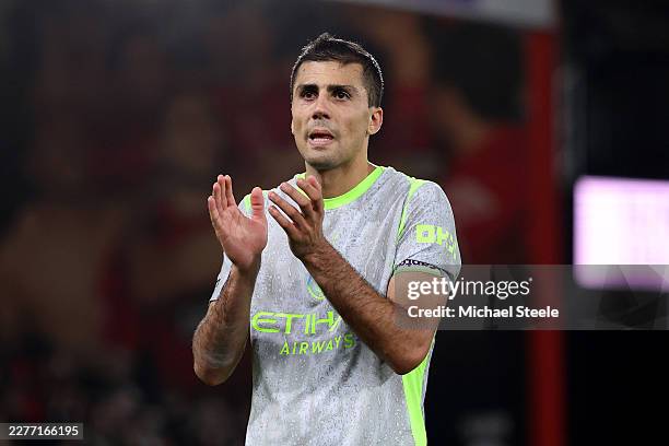 Rodri of Manchester City acknowledges the fans following the team's 1-1 draw in the Premier League match between Bournemouth and Manchester City at...