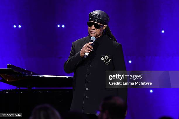 Stevie Wonder speaks onstage during the Alliance for Women in Media Foundation's 51st Annual Gracie Awards at the Beverly Wilshire, a Four Seasons...