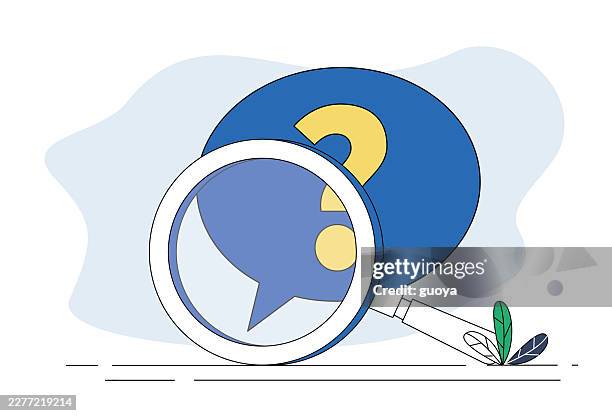magnifying glass, question mark, voice bubble. - suspicion stock illustrations