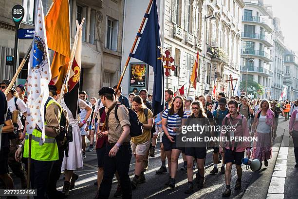 Pilgrims on the pilgrimage route from Paris to Chartres organized by Notre Dame de la Chretiente in Paris in France on May 23, 2026.