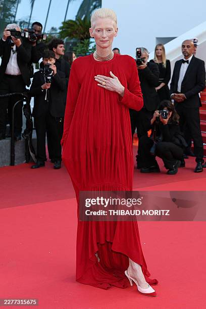 British actress Tilda Swinton poses on the red carpet ahead of the closing ceremony of the 79th edition of the Cannes Film Festival in Cannes,...