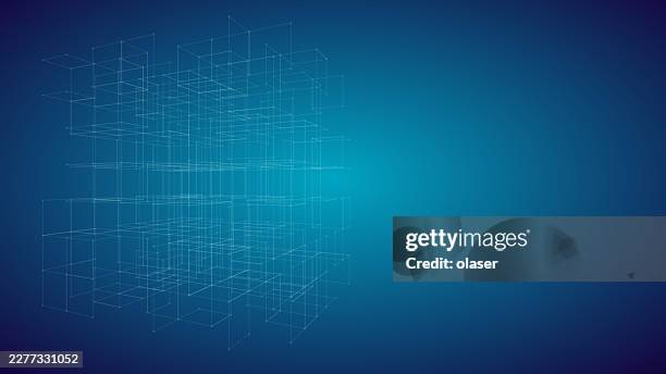a 3d wireframe cube grid composed of interconnected white lines on a gradient blue background, creating a geometric and technical spatial effect with a sense of depth and transparency. - science technology engineering math stock illustrations