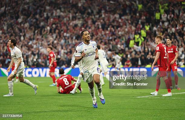 Youri Tielemans of Aston Villa celebrates scoring his team's first goal during the UEFA Europa League Final 2026 match between SC Freiburg and Aston...