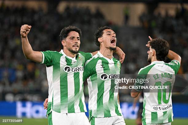 Real Betis' Spanish midfielder Pablo Fornals celebrates scoring his team's second goal during the Spanish league football match between Real Betis...
