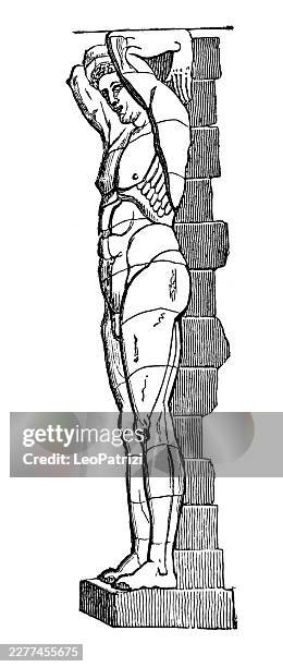 monumental architectural telamon pillar featuring a sculpted male figure supporting an upper load - marble statue stock illustrations