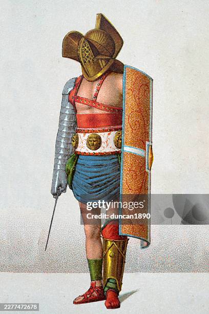 history, ancient rome, roman murmillo class gladiator, scutum, rectangular shield, gladius sword, helmet, vintage illustration - gladiator stock illustrations