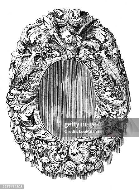 intricately carved oval mirror frame decorated with a central cherub, organic scrollwork, and perched birds - mirror frame stock illustrations