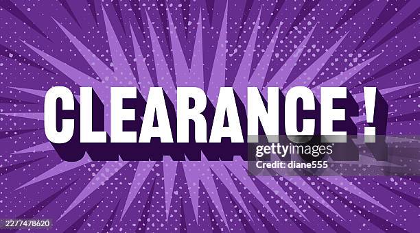 the word clearance in white text with a dark shadow on a colorful banner - comic book font stock illustrations