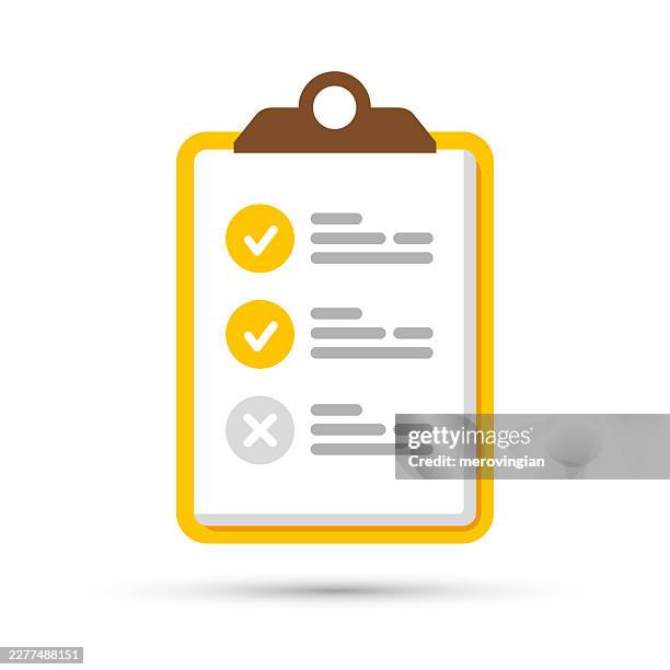 ilustraciones, imágenes clip art, dibujos animados e iconos de stock de portapapeles amarillo de la lista de comprobación - tablilla con sujetapapeles