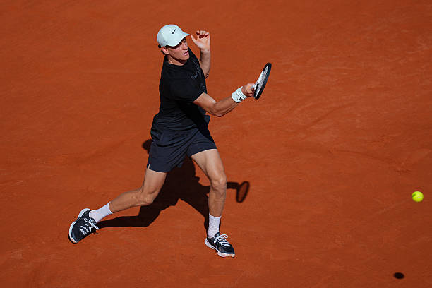 Jannik Sinner of Italy plays a forehand during a practice session prior to the 2026 French Open at Roland Garros on May 21, 2026 in Paris, France.