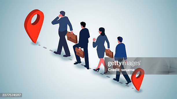 business trips, setting new goals, reaching destinations, completing tasks or achieving milestones. isometric view businesspeople walking from one waypoint to another - putting together stock illustrations
