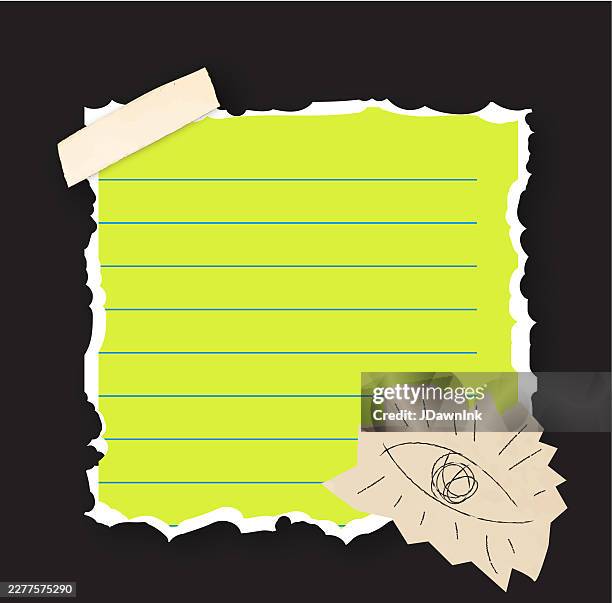 colorful crumpled ripped lined paper note pieces layout includes design elements adhesive tape, and crayon doodle and scribble elements - paper rip texture stock illustrations
