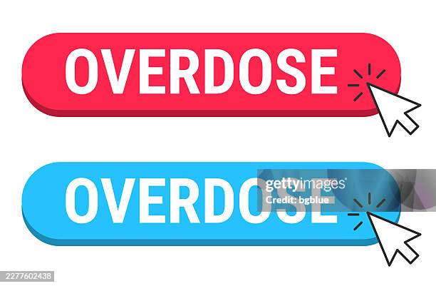 overdose - red and blue buttons with cursor on white background - too much technology stock illustrations