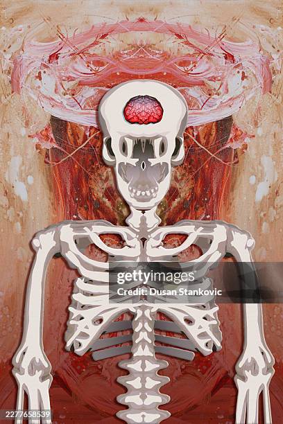 surreal skeleton illustration with exposed red brain. - virtual wellness stock illustrations