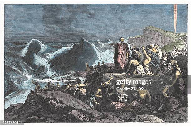 pharaoh's downfall (exodus 14), hand-colored wood engraving, published in 1886 - red sea stock illustrations
