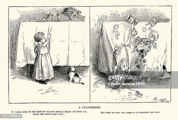 cartoon, catastrophe, toddler pulling on tablecloth, causing everytning to fall, victorian, 19th century, illustration, 1880s - pulling tablecloth stock illustrations