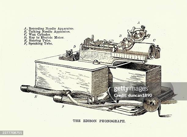 edison's edison phonograph device capable of recording and playing back sound, victorian, 19th century, illustration, 1880s - gramophone stock illustrations