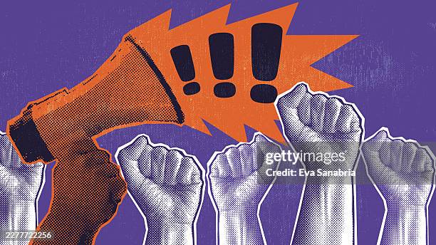ilustraciones, imágenes clip art, dibujos animados e iconos de stock de megáfono en patrón de semitonos con puños levantados - resistencia