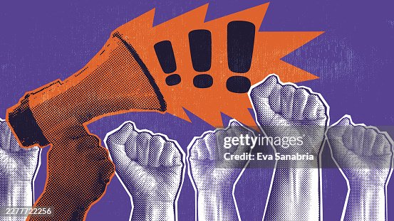 Megaphone in halftone pattern with Raised fists Megaphone in halftone pattern with Raised fists