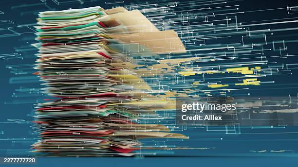 digital transformation of paper documents stack into data stream - conceptual 3d render - sala de arquivos imagens e fotografias de stock