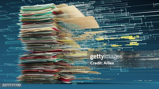 Digital Transformation of Paper Documents Stack Into Data Stream - Conceptual 3D Render Digital Transformation of Paper Documents Stack Into Data Stream - Conceptual 3D Render