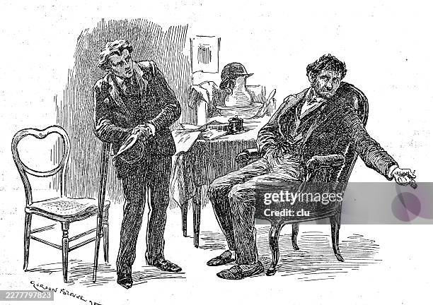 seated man gestures from an armchair while another man listens with notebook — the private room turns illness or worry into a careful consultation - doctors talking at table stock illustrations
