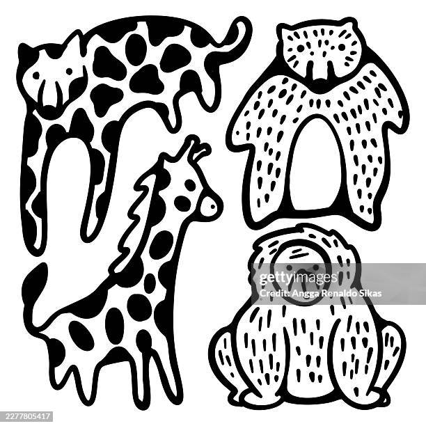 leopard, bear, giraffe and orangutan black and white doodle animals - leopard isolated stock illustrations