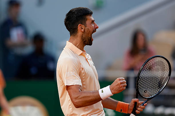 Novak Djokovic of Serbia celebrates after winning his match against Valentin Royer of France during the Men's Singles on Day Four of the 2026 French...