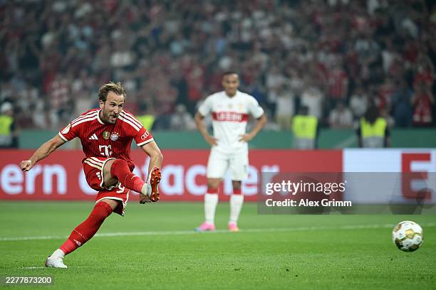 Harry Kane of FC Bayern Munich scores his team's third goal, and his hat trick from the penalty spot during the DFB Cup Final 2026 match between FC...