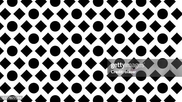 black diamonds and circles repeat in a tight geometric pattern across a white background, creating a high-contrast optical surface with rhythmic spacing and minimal design. - two color background stock illustrations