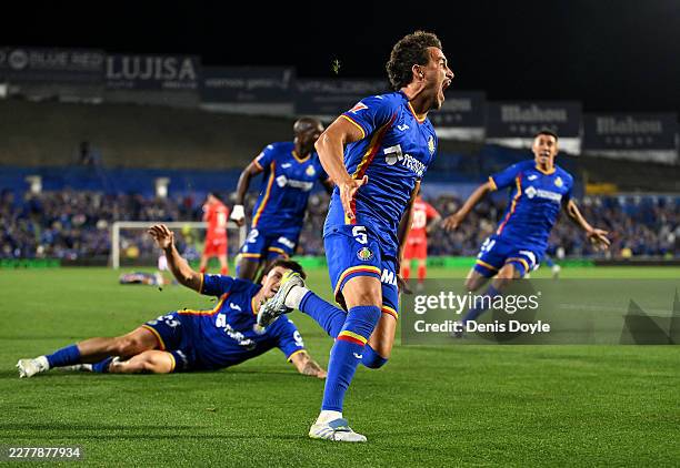Luis Milla of Getafe CF celebrates scoring his team's first goal during the LaLiga EA Sports match between Getafe CF and CA Osasuna at Coliseum...