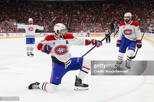 Josh Anderson of the Montréal Canadiens celebrates after scoring a first period goal against the Carolina Hurricanes in Game Two of the Eastern...
