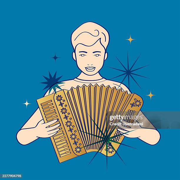 boy playing gold accordion in outline style and blue background - gold diversify stock illustrations