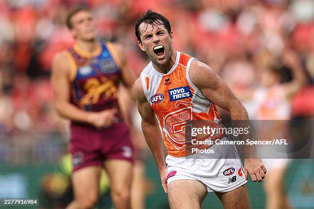 Brent Daniels of the Giants celebrates kicking a goal during the round 11 AFL match between Greater Western Sydney Giants and Brisbane Lions at ENGIE...