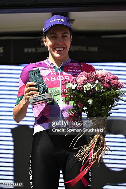 Usoa Ostolaza of Spain and Team Laboral Kutxa - Fundacion Euskadi celebrates at podium as third place winner during the 11th Vuelta a Burgos Feminas...