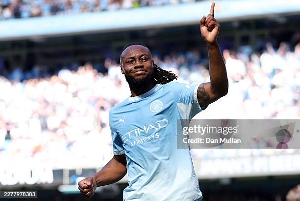 Antoine Semenyo of Manchester City celebrates scoring his team's first goal during the Premier League match between Manchester City and Aston Villa...