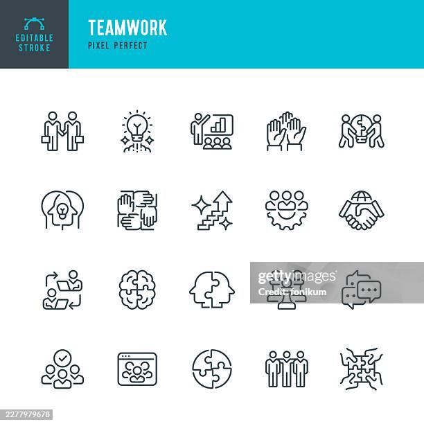 teamwork - editable stroked icon set. the set containing 20 icons such as teamwork, partnership, cooperation, voting, brainstorming, community. - worker hands stock illustrations