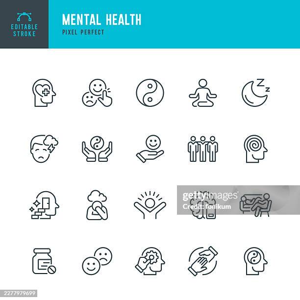 mental health - editable stroked icon set. the set containing 20 icons such as mental health, emotional stress, psychologist, mental illness, physical therapy, meditation, relaxation, positive emotion, happiness. - resilience stock illustrations