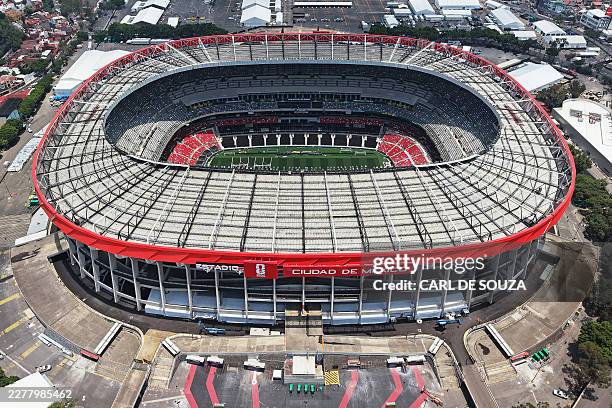 This aerial view shows the Mexico City Stadium, renamed from Azteca Stadium for the FIFA World Cup, in Mexico City on May 28, 2026. FIFA temporarily...
