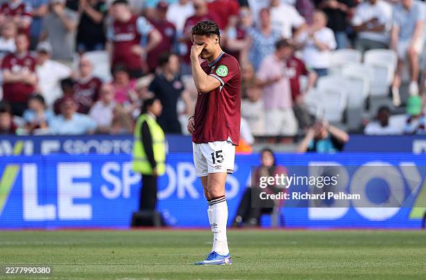 Konstantinos Mavropanos of West Ham United looks dejected after the Premier League match between West Ham United and Leeds United at the London...