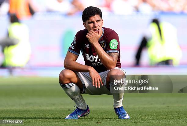 Mateus Fernandes of West Ham United looks dejected after the Premier League match between West Ham United and Leeds United at the London Stadium on...