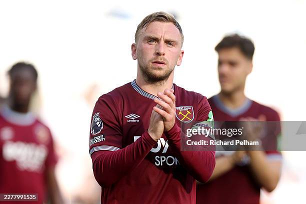Jarrod Bowen of West Ham United looks dejected as he applauds the fans after the Premier League match between West Ham United and Leeds United at the...