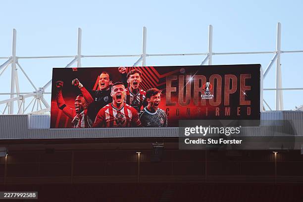 The LED screen inside the stadium confirms that Sunderland have secured a spot in the UEFA Europa League next season following the Premier League...