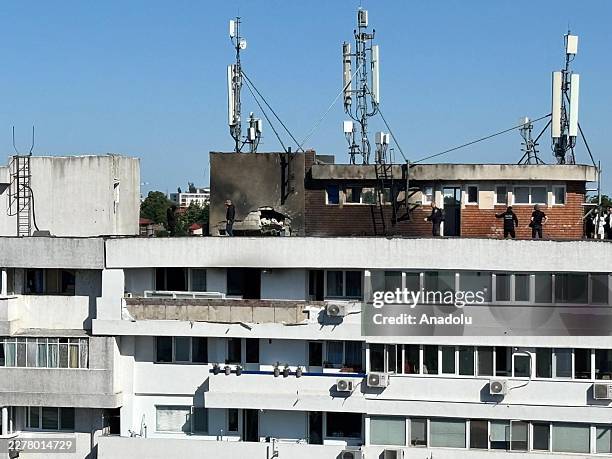 View shows destruction caused by a Russian drone hitting an apartment building in the eastern city of Galati, Romania, on May 29, 2026.