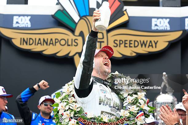Felix Rosenqvist, driver of the Meyer Shank w/ Curb-Agajanian Honda celebrates in Victory Circle after winning the NTT IndyCar Series 110th Running...