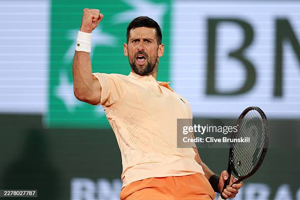 Novak Djokovic of Serbia celebrates against Giovanni Mpetshi Perricard of France in their Men's Singles first round match during Day One of the 2026...