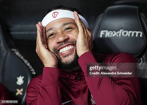 Memphis Depay of orinthians reacts during a Brasileirao 2026 match between Corinthians and Atletico Mineiro at Neo Quimica Arena on May 24, 2026 in...