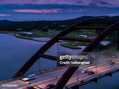 Aerial View of Pennybacker Bridge and Austin Skyline at Dusk Aerial View of Pennybacker Bridge and Austin Skyline at Dusk