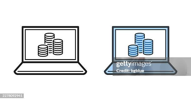 laptop with stack of coins. icons for design - editable stroke icon - coin stack stock illustrations