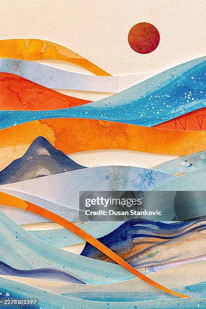 vertical abstract landscape with mountains and red sun - moss stock illustrations